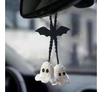 Halloween Crochet Ghost Hanging Ornaments, Handmade Knitted Rearview Mirror Hanging Charm, Cute Car Interior Tree Decorations for Holiday Indoor Outdoor Decor (Black 1pcs)
