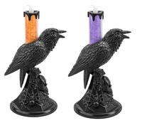 Halloween Crow Candle Ornament - Light Up Flickering LED Raven Decoration with Skull Base 20cm Battery Operated Plastic Candle Assorted Orange or Purple Flame for Haunted House & Party Decor