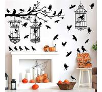 Halloween Crow Wall Decals - Black Raven Stickers With Tree Branch and Bird Cage - Removable Vinyl Halloween Wall Stickers for Bedroom Living Room Decor