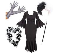 Halloween Cruel Dog Lady Costume - Black Dress + Wig + Two-Tone Boa + Dalmatian Print Gloves + Fake Cigarette
