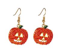 Halloween Crystal Pumpkin Dangle Earrings - Hypoallergenic Red Crystal Smiling Face Design, Festive Holiday Night Costume Jewelry for Women