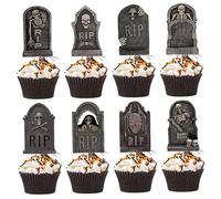 Halloween Cupcake Toppers 48Pcs Tombstone Cake Toppers 6 Styles Spooky Mini Tombstones Halloween Cupcake Picks DIY Cake Decorations