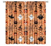 Halloween Curtains,Cute Spooky Bat Spider Web Orange Home Decor Drapes for Bedroom Living Room Kitchen Window Treatment 2 Panels Set Total Size 63" W X 72" L Inch