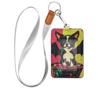Halloween Cute Dog with Bat Wings Memphis Color Leather Security Badge Holder with Lanyard and 3-Card Capacity id Card Holder for Office School IDs,Hotel Key Cards, Pass Cards