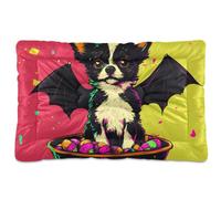 Halloween Cute Dog with Bat Wings Memphis Color Washable Dog Bed Mat Non-Slip Soft Comfortable Pet Bed for Medium/Large Dogs 36" x 24"