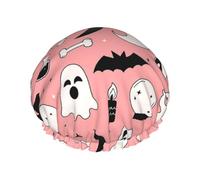 Halloween Cute Ghost and Bat Double Layered Women'S Long Hair Waterproof Cartoon Pattern Shower Cap