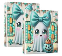 Halloween Cute Ghost Cartoon Green Binders 1.5 Inch 3 Ring Hold 200 Sheets Cute Portfolio Ring Round Ring Office Binder, 12.4x10.63x2.36inch, 1 Pack
