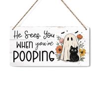 Halloween Cute Ghost Decorations Outdoor Indoor Halloween Party Decorations Vintage Flower Cat Spooky Home Decor Gifts Rustic Pumpkin Wood Hanging Sign He Sees You When You're Pooping Bathroom Decor