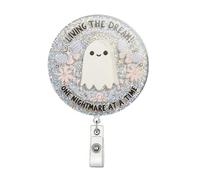 Halloween Cute Little Ghost Glitter Badge Reel Holder with Metal Shark Clip Round Funny Spooky Flower & Butterfly Acrylic Badge Reel Holder for Nurse Hospital Work Accessories