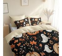 Halloween Cute Pumpkin Duvet Cover Set Single - 3 Piece Reversible Beige Bedding, Premium Quilt Covers with Metal Zipper (135 x 200 cm, Includes 2 Pillowcases)