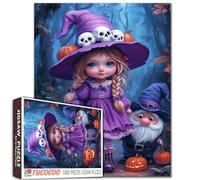 Halloween Cute Purple Girl with Skull Hat Jigsaw Puzzle Pumpkins Gnomes Dwarf Fantasy Dark Forest Cartoon Style Puzzles for Adults Students 1000 Pieces 20×27 Inches Jigsaws