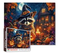 Halloween Cute Raccoon Puzzle for Adults 1000 Pieces Witch Hat with Pumpkins Haunted House Autumn Leaves Jigsaw Puzzle Halloween Decor 27x20 Inch Fun Challenging Fall Puzzles Gift for Puzzle Lovers
