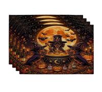 Halloween Dachshund Dog Placemats Set of 4, 12x18 Inch, Vintage Puppy Witch Cauldron 4Pcs Soft Table Mats for Dinning, Scary Pattern Holiday Home Kitchen Decor