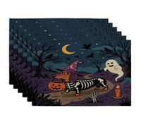 Halloween Dachshund Dog Placemats Set of 6, 12x18 Inch, Horror Puppy Graveyard 6Pcs Soft Table Mats for Home Dinning, Spooky Scary Holiday Party Kitchen Print Pattern Decor