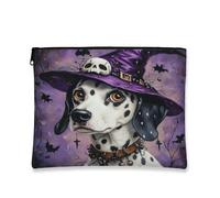 Halloween Dalmatian Dog Makeup Bag 7x9 Inch for Travel Purse, Fun Gothic Witch Bat Pattern Cosmetic Pouch for Women, Witchy Portable Canvas Zipper Organizer