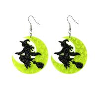 Halloween Dangle Earrings for Women, Neon Green Glitter Acrylic Drop Earrings with Spider Web BOO Ghost Witch Cauldron Crescent Moon Design, Spooky Costume Party Holiday Jewelry Gift, S, Acrylic, No