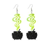 Halloween Dangle Earrings for Women, Neon Green Glitter Acrylic Drop Earrings with Spider Web BOO Ghost Witch Cauldron Crescent Moon Design, Spooky Costume Party Holiday Jewelry Gift, S, Acrylic, No