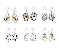Halloween Dangle Ghost Earrings Set for Women Cute Acrylic White Ghost Earrings Print Pumpkin Wooden Resin Bowknot Book Lightweight Sparkly Earring for Women Cosplay Costumes Jewelry, M, Metal, No