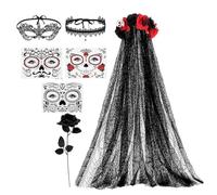 Halloween Day of the Dead Bridal Costume Accessories Set - Veil & | Red and Black Lace Headband, Choker, and Face Stickers Suitable For Halloween, Costumes, Cosplay, Carnivals, and Parties