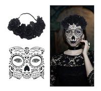 Halloween Day of The Dead Floral Headband and Face Temporary Tattoo Web Red Roses Headpiece Sugar Skull Floral Black Skeleton Stickers for Carnival party Masquerade (B)