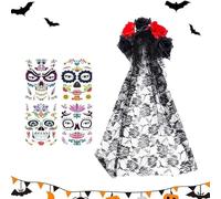 Halloween Day of the Dead Headband Veil Rose Floral Crown Mexican Headwear Face Tattoos Day of The Dead Temporary Tattoo for Women Cosplay Fancy Dress Costume Accessory