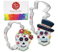 Halloween & Day of The Dead Sugar Skull Cookie Cutters 2-Pc. Set Made in the USA by Ann Clark, Sugar Skull with Flowers, and Sugar Skull with Top Hat