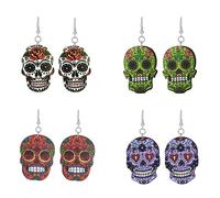 Halloween Day of the Dead Sugar Skull Earrings Colorful Skull Head Earrings Acrylic Skeleton Earrings Gothic Jewelry Accessories (4 Pairs), Zinc, No Gemstone