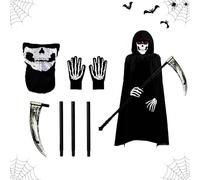 Halloween Death Reaper Costume Set, Reaper Costume for Adults and Children, Skull Headpiece, Skeleton Gloves and Sickle of Death, for Halloween Party Costume (Adult-B)