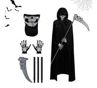 Halloween Death Reaper Costume Set, Reaper Costume for Adults and Children, Skull Headpiece, Skeleton Gloves and Sickle of Death, for Halloween Party Costume (Kids-A)