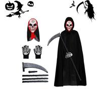 Halloween Death Reaper Costume Set, Reaper Costume for Adults and Children, Skull Headpiece, Skeleton Gloves and Sickle of Death, for Halloween Party Costume (Adult-C)