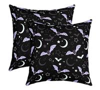 Halloween Decor Bats Throw Pillow Covers,Purple and Black Wild Bats Cushion Covers 22"x22" for Car RV Camper Office,Hand Draw Galaxy Shiny Moon Stars Pillowcases Outdoor Pillow Covers Set of 2