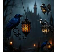 Halloween Decor, Gothic Raven on Lantern Acrylic Sun catcher, Acrylic Ornaments Raven and Crow Stained Window Hanging, Halloween Crow on Lamp Ornament, Window Wall Art Decor for Home (Blue, 15cm)