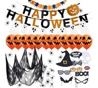 Halloween decoration deco indoor outdoor set with over 30 parts garland, pennant chain, balloon, spider web with spiders, ghosts for decoration of house, table & garden of TK group