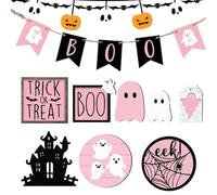 Halloween Decoration for Shelf with Trays, 13 Pieces Halloween Decorations Indoor - Scary Ghost Wooden Centerpieces for Kitchen, Living Room, Bedroom, Bathroom, Party, Fireplace