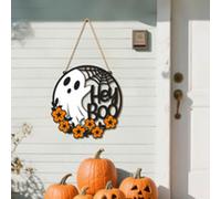 Halloween Decoration Halloween Decorations Happy Wooden Hanging Sign, Pumpkin Bat Door Hanger Sign For Outdoor Home Farmhouse Wall Window Yard, Party Supplies (White, 20x20cm)