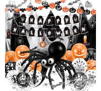 Halloween Decoration Set Indoor & Outdoor - Complete Party Set with XXL Spider Web, Spiders, 3D Bats, 18 Balloons, Banner & Garland, Halloween Decoration for Home, Garden & Party