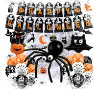 Halloween Decoration Set Indoor & Outdoor - Party Set with Spider Web, Spiders, 3D Bats, 18 Balloons, Pumpkin Foil Balloon & Garland, Halloween Decoration for Home, Garden & Party