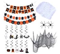 Halloween Decoration Set XXL - 10 Pieces, Halloween Spiral Decorations, Halloween Bunting, Black and Yellow Spider Garlands, Spider Web & Decorative Fabric - for Parties & Decoration