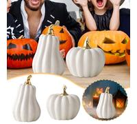 Halloween Decoration White Ceramic Pumpkin Ornament Desktop Home Halloween Solar Garden Gnome Statues (B, 10X12cm)