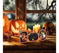 Halloween Decoration Window Halloween Glowing Wooden Ornaments Pumpkin Table Decorations Light Up Indoor Decoration LED Lights Shaped Decorations (Pumpkin) (A, 22x9cm)