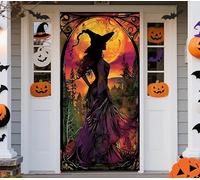 Halloween Decoration Witch Door Cover, Gothic Witch Silhouet at Sunset Full Moon Scene Door Banner Bathroom Porch Door Front Door Backdrop Decor for Halloween, Parties, Indoor Outdoor (witch)