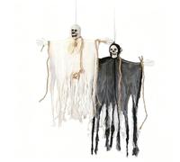Halloween Decorations, 2 Pack Hanging Ghost with Rope, Life-Size Scary Skeleton Ghost for Indoor Outdoor Garden, Party, Haunted House, Escape Room Decoration Props (Black & White)
