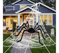 Halloween Decorations, 200” Triangular Spider Web 1Pc 50'' Giant Spider 20Pcs Small Black Spiders and 40g Cobweb with Hook and Ground Stakes for Indoor Outdoor Haunted House Halloween Decor