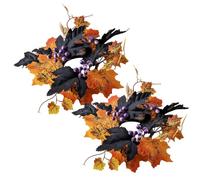 Halloween Decorations 2Pcs Fall Candle Rings 3in Center Autumn Candle Rings Artificial Maple Leaves & Purple Berries Mini Fall Wreath for Pillars Centerpiece Tabletop