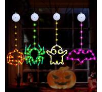 Halloween Decorations, 4pcs Halloween Window Lights, Orange Pumpkin, Green Spider, Witch Hat, Ghost with Suction Cup, Battery Operated, 8 modes/Timer Function for Indoor Home Party Decorations