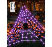 Halloween Decorations, 50’’ Giant Spider, 16.4FT Led Spider Web Lights with Romote Control, 20pcs Spiders & 40g Cobweb Props, 8 Modes Lights & Timer, for Indoor Outdoor Scary Haunted House Party Yard