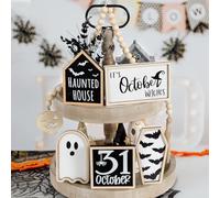Halloween Decorations | 6PCS Halloween Tiered Tray Decor | Bat Coffin, Haunted House, Ghost, Witches, October 31 Sign, Bead Garland | Halloween Decor | Halloween Centerpiece for Table Shelf