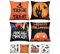 Halloween Decorations Double-Side Printing Pillow Covers 16'' x 16'' Set of 4, with 8 Cute Halloween Decor Patterns, Elegant Invisible Zipper, Durable Soft Linen Throw Pillow Covers Outdoor Indoor
