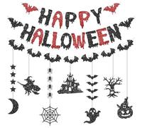 Halloween Decorations,Glitter Bat Moon Spider Web Ghost Paper Halloweens Hanging Ornaments and Bat Banner,Happy Halloween Banner Garland for Halloween's Party Haunted House Decoration