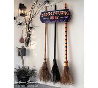 Halloween Decorations - Halloween Decor - Broom Parking Sign with 3 Wooden Witches Brooms - Cute Hocus Pocus Front Porch Wall Decor for Indoor Outdoor Home Office Party Decoration